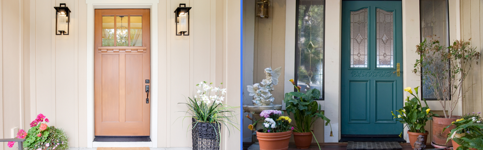 Light brown door and teal door side-to-side.