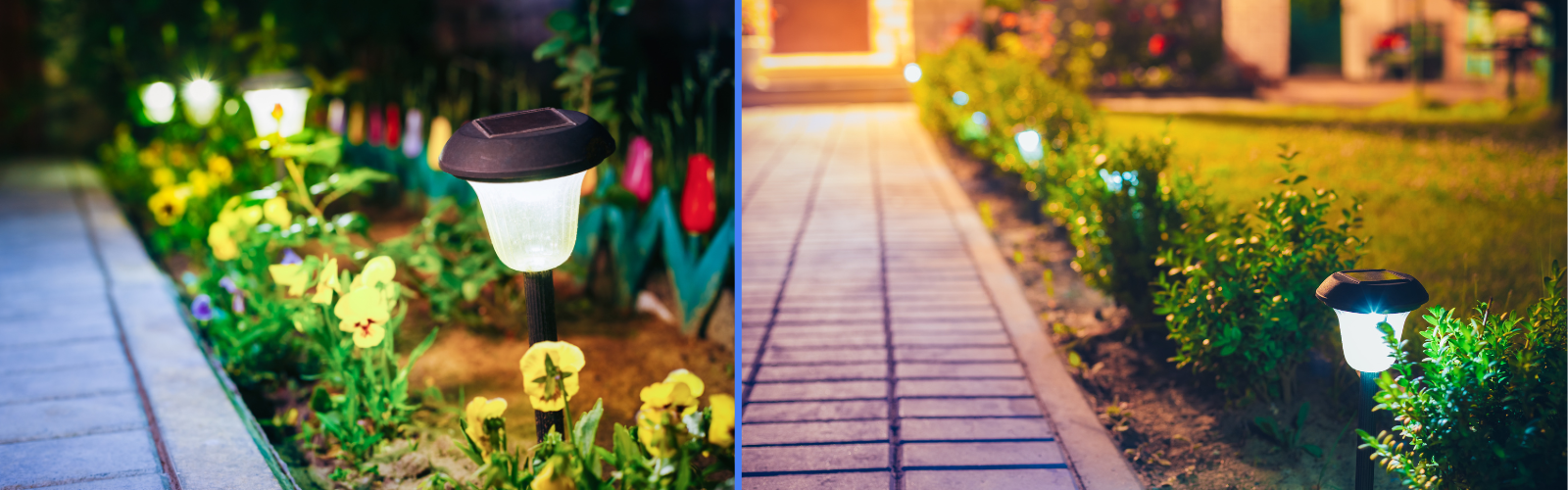 Outdoor pathway illuminated with warm lighting, creating a welcoming and cozy ambiance.